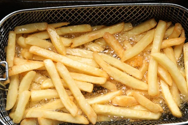 Cooking Delicious French Fries Hot Oil Closeup — Stock Photo, Image