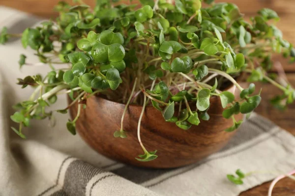 Fresh Radish Microgreens Bowl Wooden Table Closeup — Stockfoto
