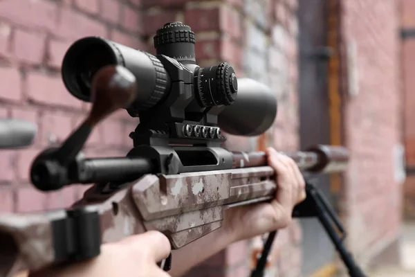 Soldier Holding Modern Powerful Sniper Rifle Telescopic Sight Outdoors Closeup — Stock fotografie