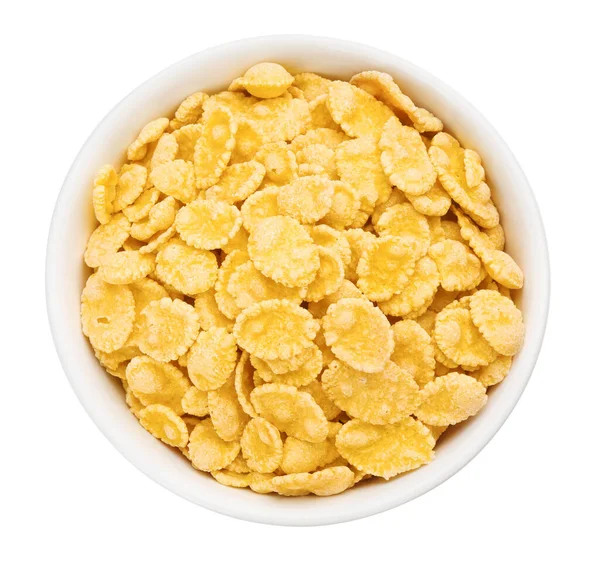 Bowl Tasty Corn Flakes Isolated White Top View — стоковое фото