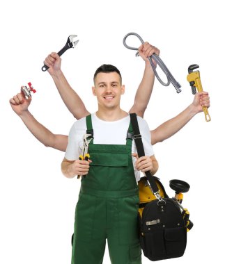 Plumber with different tools on white background. Multitasking handyman