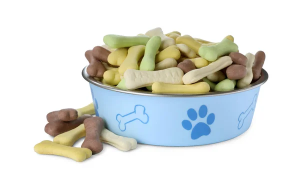 Olika Benformade Hund Cookies Och Matning Skål Vit Bakgrund — Stockfoto