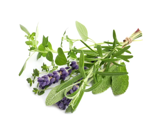 Bunch of fresh aromatic herbs on white background