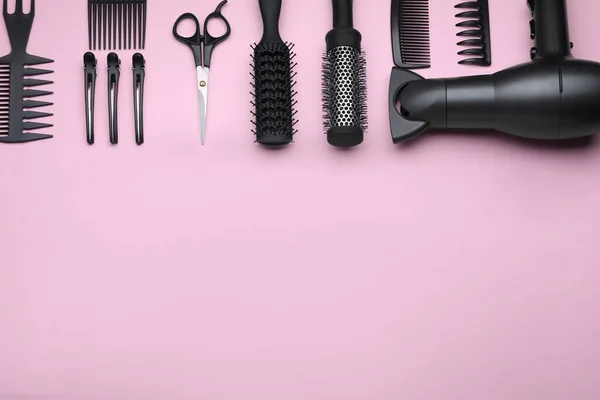 Flat Lay Composition Modern Hair Dryer Pink Background Space Text — Fotografia de Stock