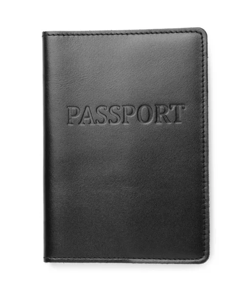 Passport Black Leather Case Isolated White Top View — Foto Stock