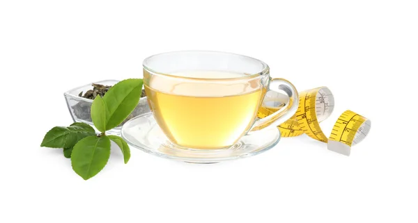Glass Cup Diet Herbal Tea Measuring Tape Dry Fresh Leaves — Fotografia de Stock