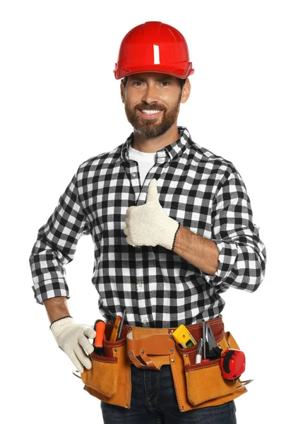 Professional Builder Hard Hat Tool Belt Isolated White — Foto Stock