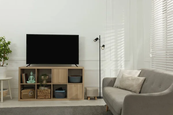 Modern TV on cabinet, sofa and beautiful houseplants indoors. Interior design