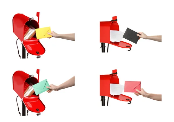 Collage Photos Women Putting Envelope Red Letter Box White Background — Fotografia de Stock