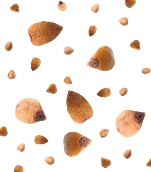 Raw Buckwheat Grains Flying White Background Closeup — Fotografia de Stock