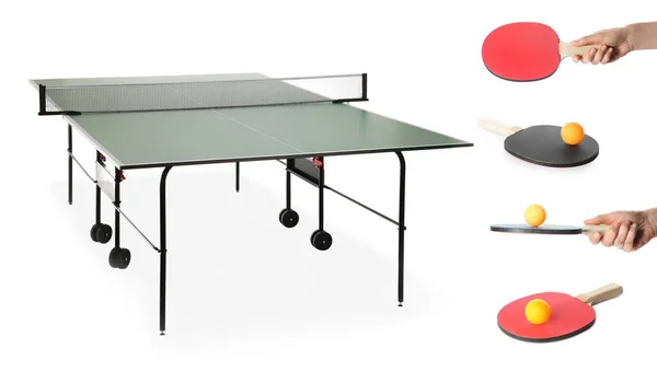 People Tennis Rackets Balls Ping Pong Table White Background — 스톡 사진