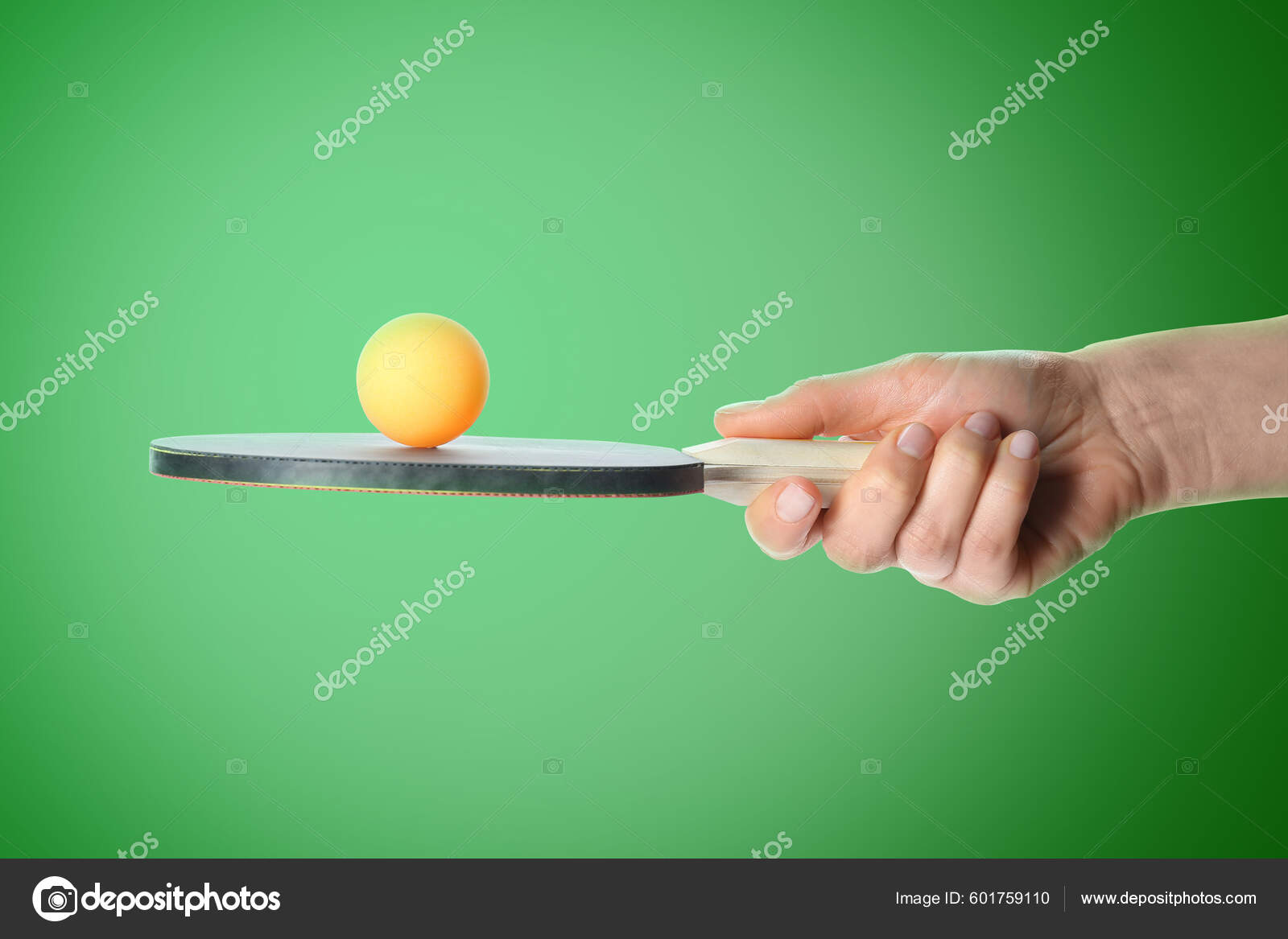 Woman Holding Ping Pong Paddle Ball Green Background Closeup Table