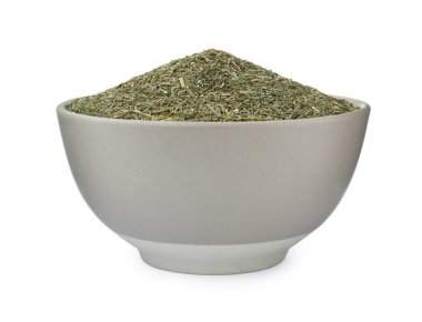Bowl with aromatic dry dill on white background