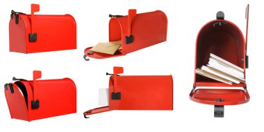 Set of red letter boxes with correspondence on white background