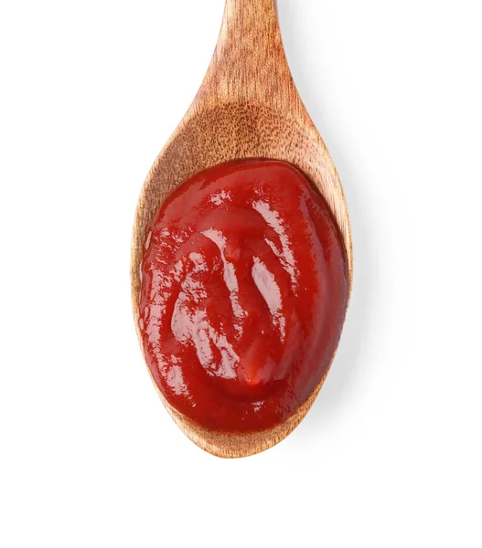 Ketchup Wooden Spoon Isolated White Top View — Foto de Stock