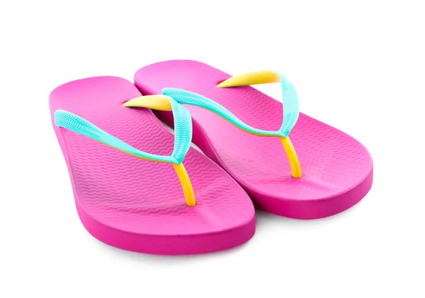 Par Elegantes Chanclas Rosadas Aisladas Blanco Objeto Playa — Foto de Stock