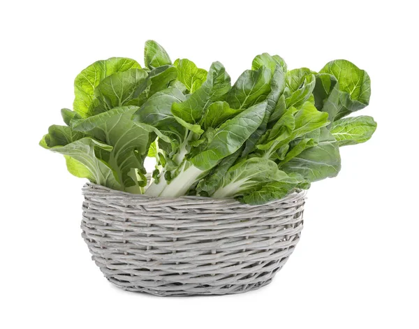 Fresh Green Pak Choy Cabbages Wicker Basket White Background — 图库照片