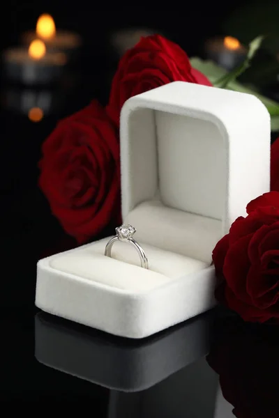 Beautiful Engagement Ring Gemstone Box Roses Black Background — Fotografia de Stock