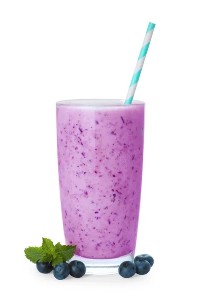 Glass Blueberry Smoothie Fresh Berries Mint Isolated White — Stockfoto
