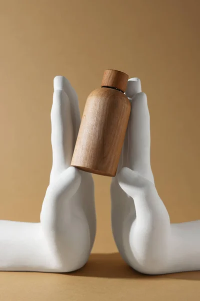 Composition Wooden Bottle Cosmetic Product Dark Beige Background — Stockfoto
