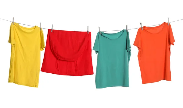 Different Bright Clothes Drying Washing Line White Background — 图库照片
