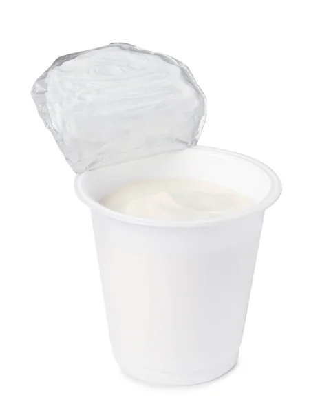 Πλαστικό Κύπελλο Νόστιμο Βιολογικό Γιαούρτι Απομονωμένο Λευκό — Φωτογραφία Αρχείου