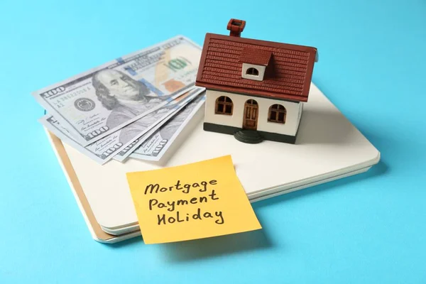 Paper Note Words Mortgage Payment Holiday Notebook House Model Money — Fotografia de Stock