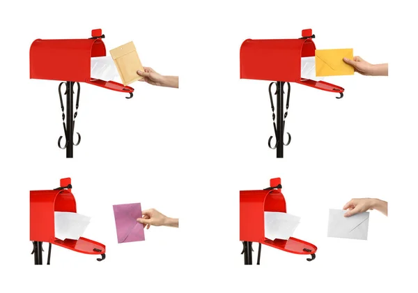 Collage Photos Women Putting Envelope Red Letter Box White Background — Stockfoto
