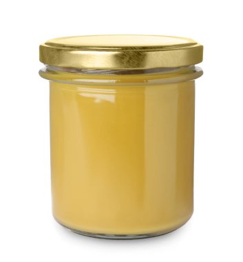 Glass jar of delicious mustard isolated on white