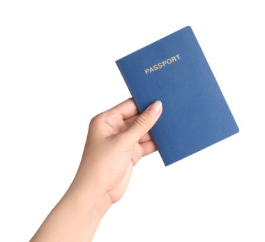 Beyaz arka planda Ukrayna pasaportu taşıyan kadın, yakın plan.