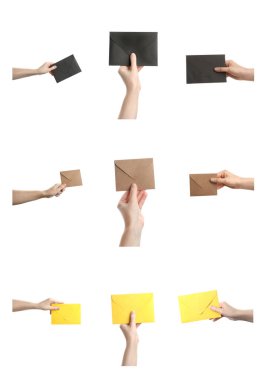 Collage with photos of women holding paper envelope on white background