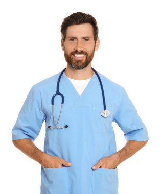 Portrait of doctor in scrubs on white background