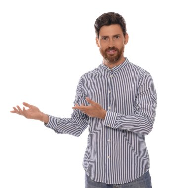 Handsome man gesturing on white background. Weather forecast reporter