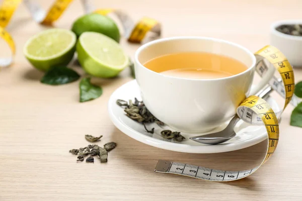 Cup Diet Herbal Tea Measuring Tape Dried Leaves Wooden Table — Stok fotoğraf