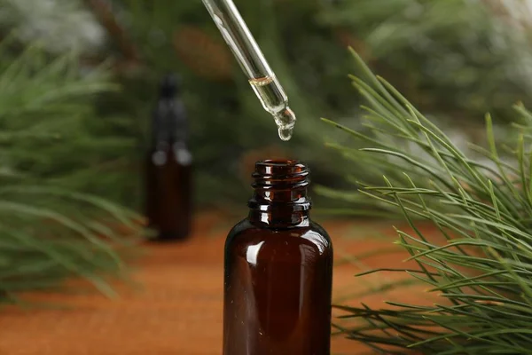 Dripping pine essential oil into bottle at wooden table, closeup