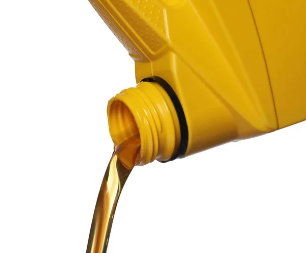 Pouring Motor Oil Yellow Container White Background Closeup — Stock Photo, Image