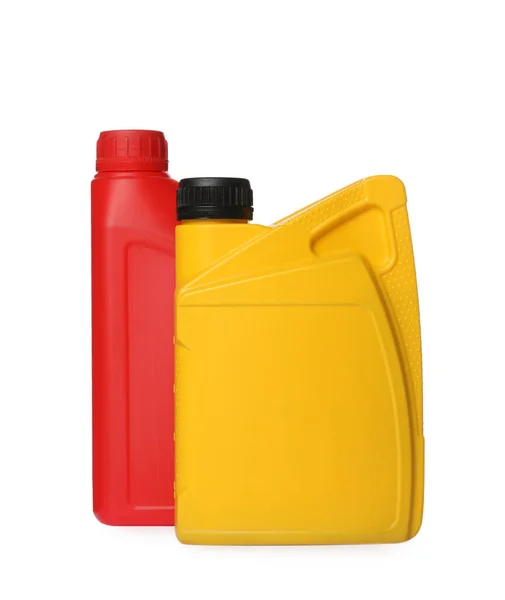 Motor Oil Different Containers White Background — Stockfoto