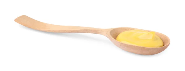 Delicious Mustard Wooden Spoon Isolated White — 스톡 사진