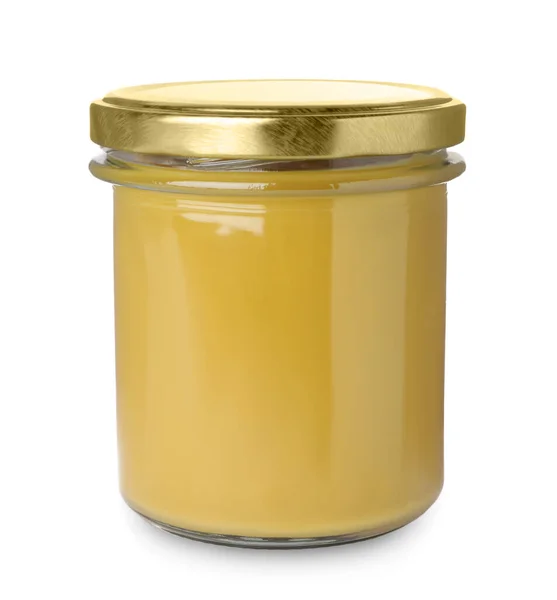 Glass Jar Delicious Mustard Isolated White — Stock fotografie