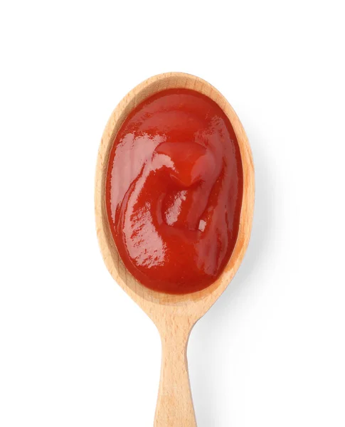 Ketchup Wooden Spoon Isolated White Top View Closeup — 스톡 사진