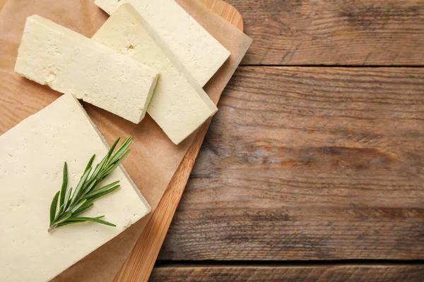 Delicious Tofu Rosemary Wooden Table Top View Space Text — Foto de Stock