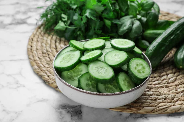 Fresh Ripe Cucumbers Greens White Marble Table — Stockfoto