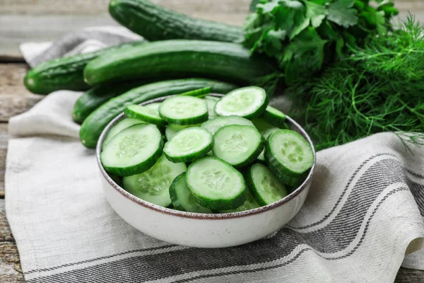 Fresh Ripe Cucumbers Greens Table Closeup — Stock Photo, Image