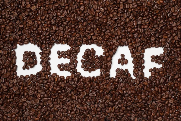 Word Decaf Coffee Beans White Background Top View — Stockfoto