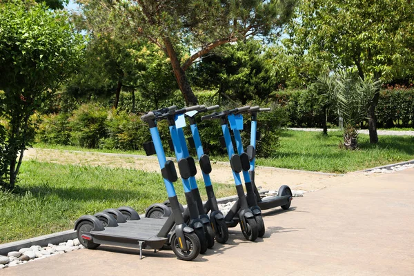 Many Modern Electric Scooters Park Rental Service — Stock Photo, Image
