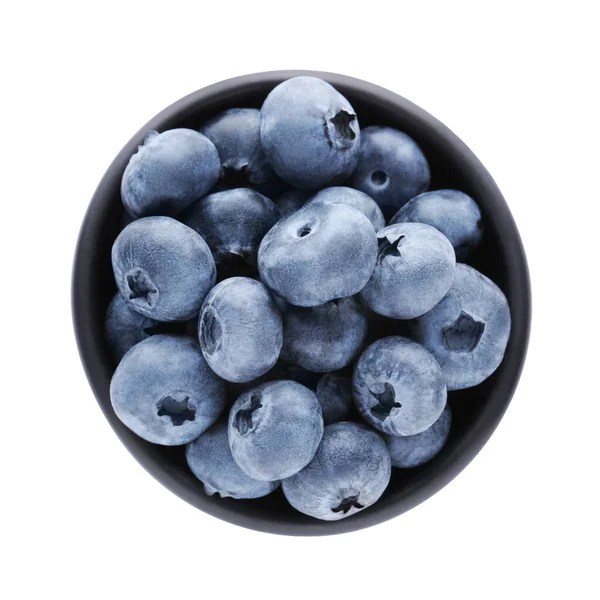 Tasty Fresh Ripe Blueberries Bowl White Background Top View — стоковое фото