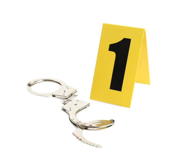 Handcuffs Crime Scene Marker Number One Isolated White — Photo