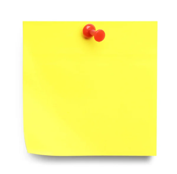Blank Yellow Note Pinned White Background Top View — Stockfoto