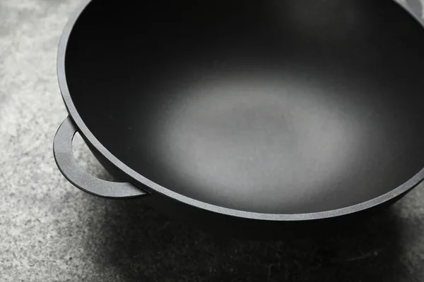 Empty Iron Wok Grey Table Closeup Chinese Cookware — 图库照片