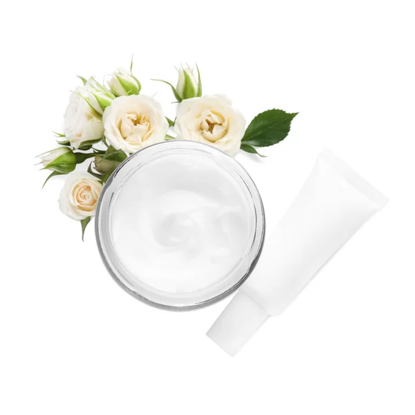 Different Hand Care Cosmetic Products Roses White Background Top View — Stock Photo, Image